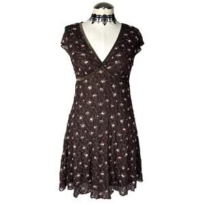 Cute Brown Pink Floral Lace Bow Babydoll Cap Sleeve Lace Coquette Cottage Dress